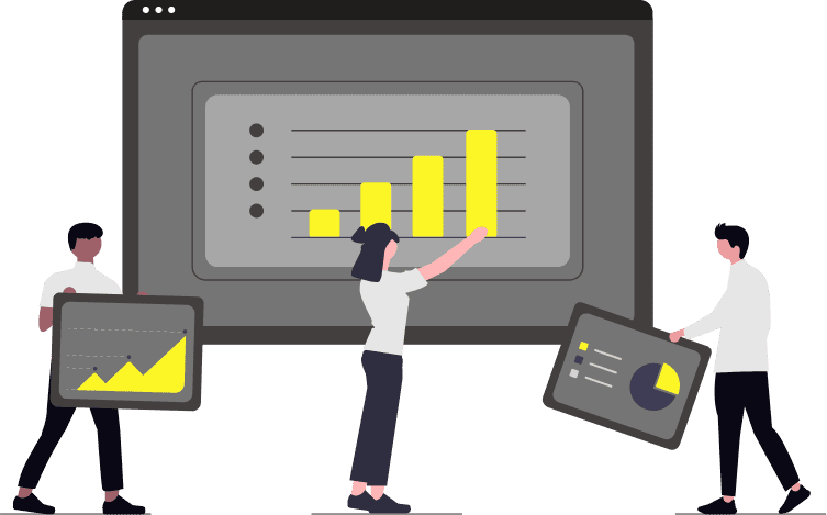 Analyzing marketing data and growth trends with digital team collaboration.