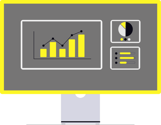Bar chart with data analytics and reporting visuals on a digital screen.